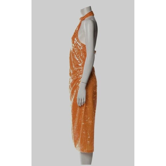 Caroline Constas Orange Halter Fully Lined Midi Sequin Dress Size Large NWT - Picture 4 of 10